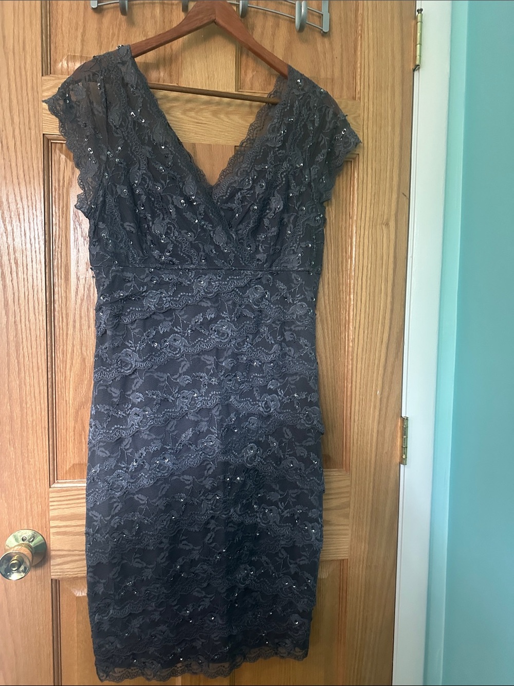 MARINA Charcoal Gray Lace Midi Dress with V-Neck
